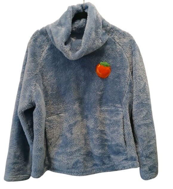 Banana In Tops - Fuzzy‎ Periwinkle Blue Teddy Fleece Cowl Neck Pullover Peach Patch Pocket Medium